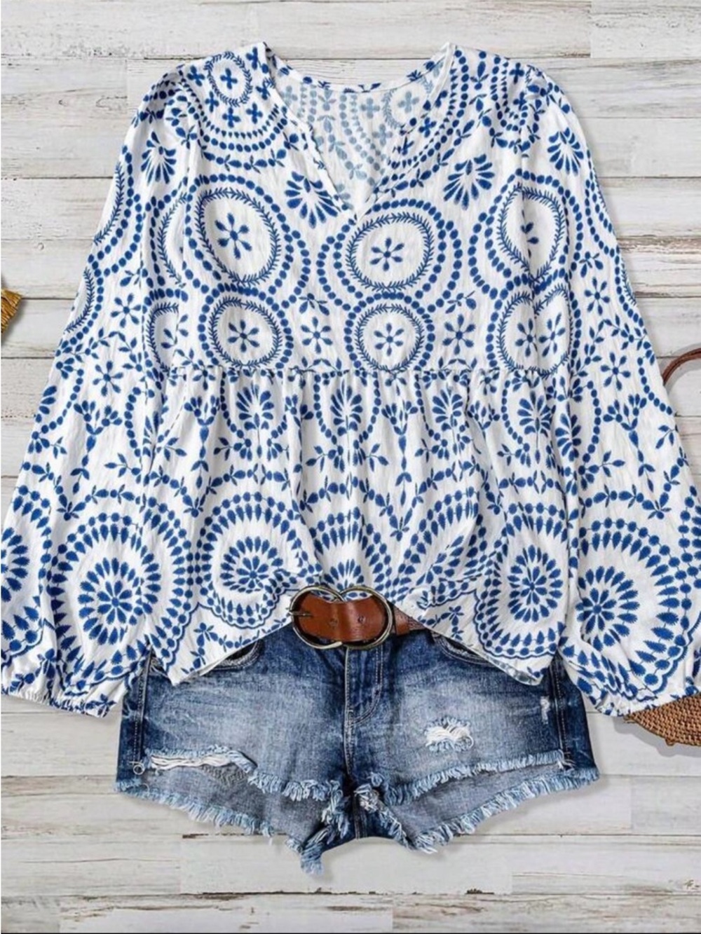 Boho Blue & White Printed Peasant Blouse - Women's